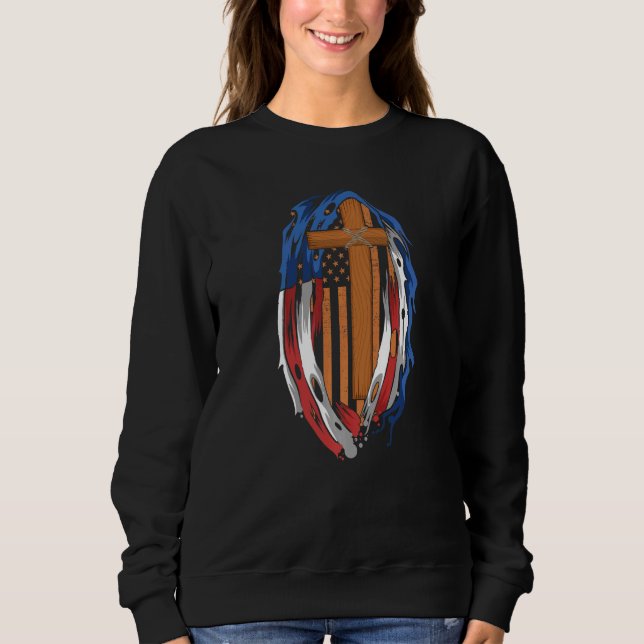 American Flag Jesus Cross Religious US Sweatshirt (Front)