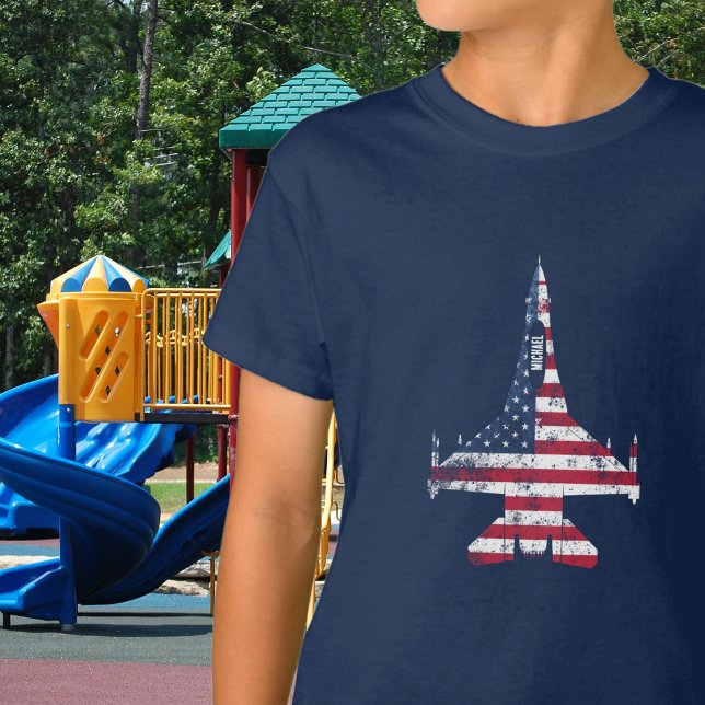 American flag jet fighter aeroplane & custom name T-Shirt (Creator Uploaded)