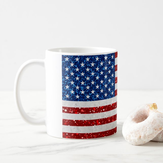 American Flag July 4th Glitter Coffee Mug (With Donut)