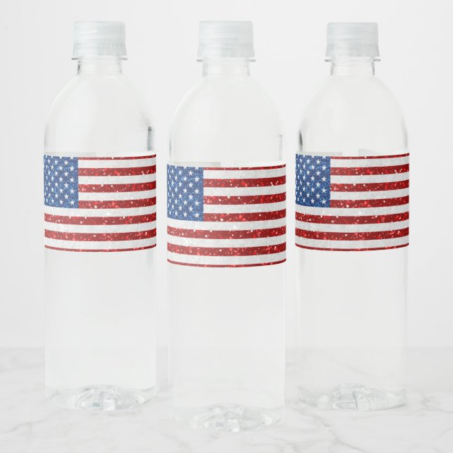 American Flag July 4th Glitter Water Bottle Label (Bottles)