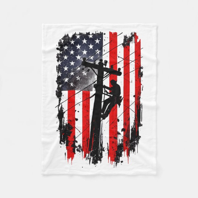 American Flag Lineman Patriotic Electric Worker Fleece Blanket (Front)