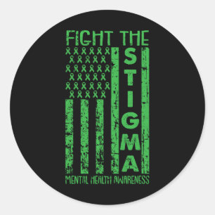 American Flag Mental Health Awareness Green Ribbon Classic Round Sticker