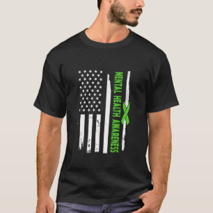 American Flag Mental Health Awareness Wear Green R T-Shirt