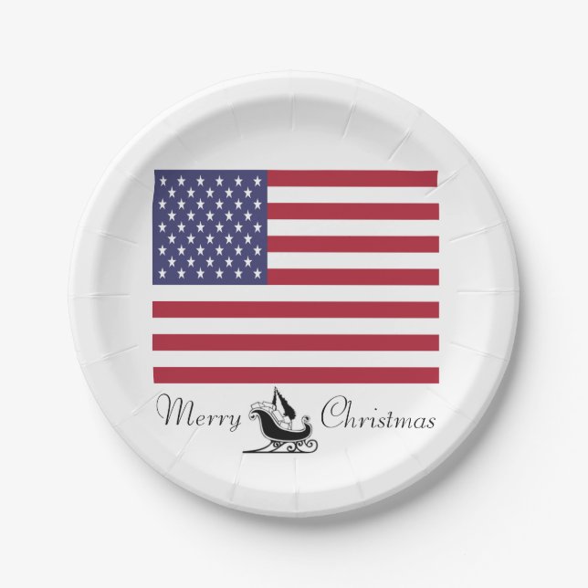 American Flag Merry Christmas Paper Plates (Front)