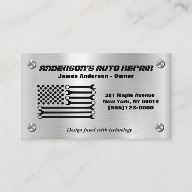 American Flag Metal Mechanic Repair Business Card (Front)