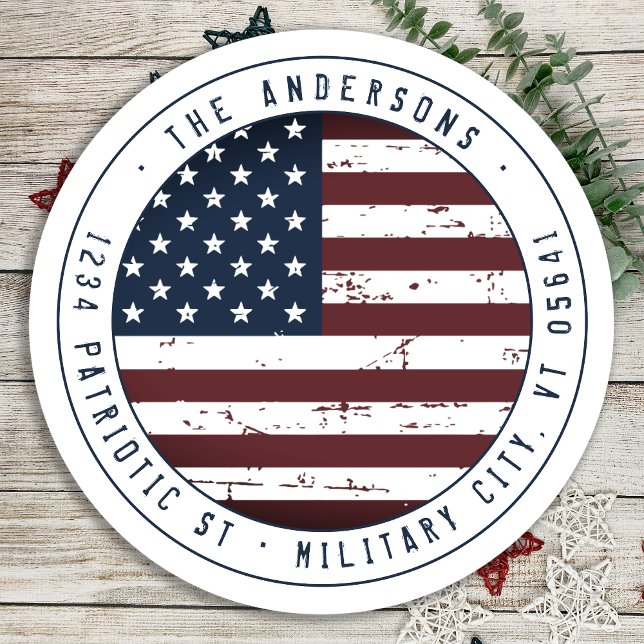 American Flag Military Patriotic Return Address  Classic Round Sticker (Creator Uploaded)