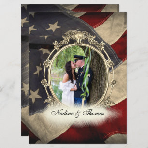 American Flag Military Wedding w Photograph Invitation