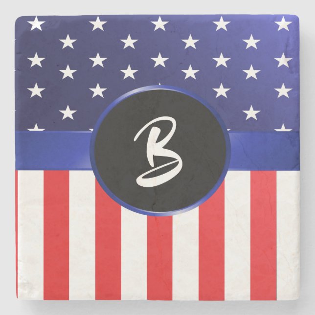 American Flag Monogram  Stone Coaster (Front)