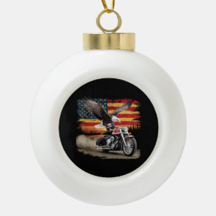 American Flag Motorcycle Tshirt USA Flag Biker Ret Ceramic Ball Christmas Ornament