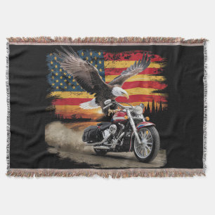 American Flag Motorcycle Tshirt USA Flag Biker Ret Throw Blanket