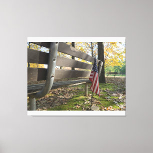 American Flag Near Park Bench Canvas Print