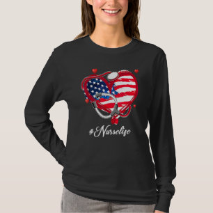American Flag Nurse Life Heart Stethoscope - Flag  T-Shirt