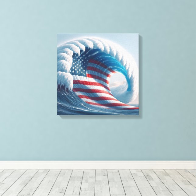 American Flag Ocean Wave Canvas Print (Insitu(Wood Floor))