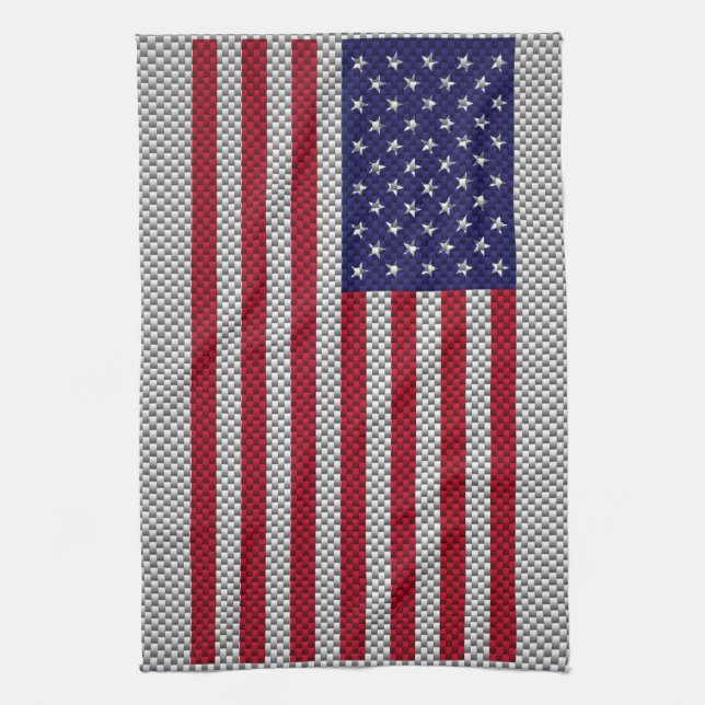 American Flag on Carbon Fibre Style Print Tea Towel (Vertical)