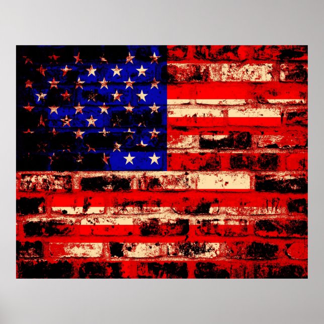 American Flag On Old Brick Wall Poster (Front)
