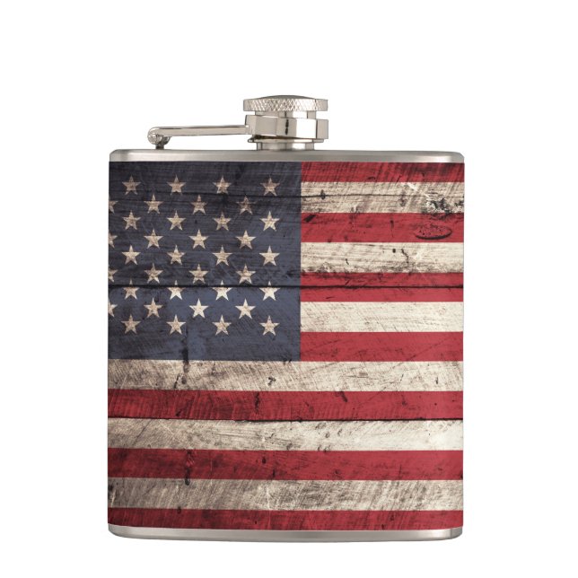 American Flag on Old Wood Grain Hip Flask (Front)