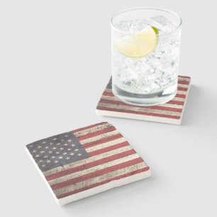American Flag on Old Wood Grain Stone Coaster