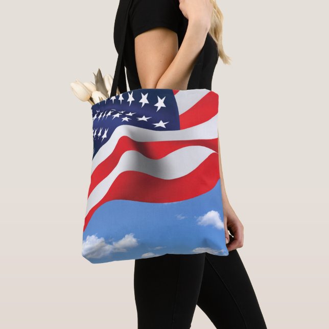 American Flag On Sky Tote Bag (Close Up)