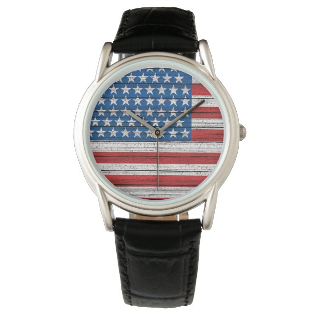 American Flag On Weathered Wood Grain Pattern Watch (Front)