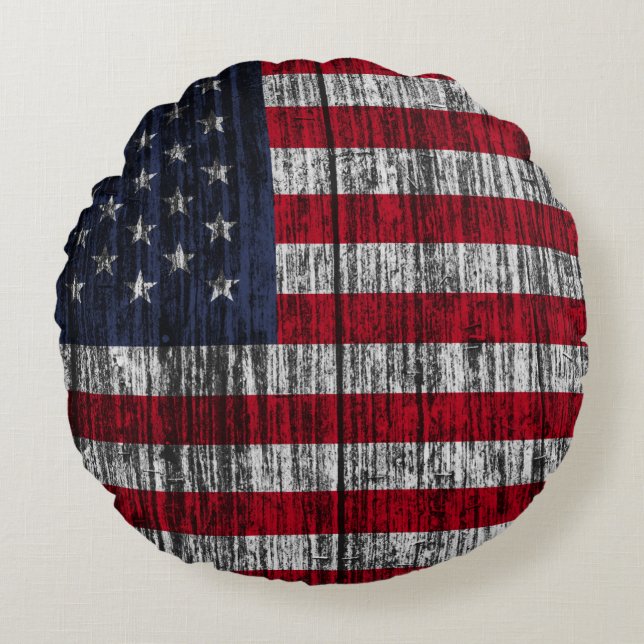 American flag painted on fence background.4th, abs round cushion (Front)