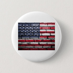 American flag painting on a brick wall 6 cm round badge