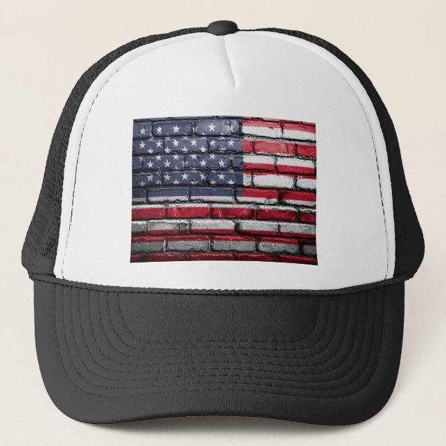 American flag painting on a brick wall trucker hat (Front)