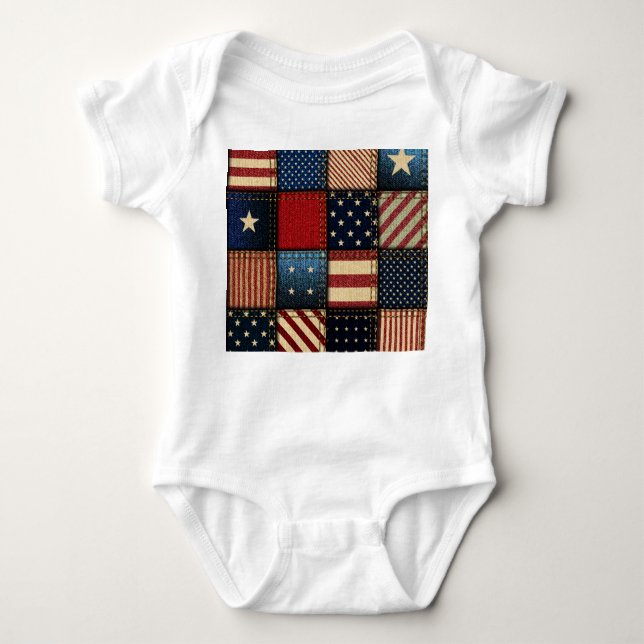 American Flag, Patchwork Seamless Pattern. Baby Bodysuit (Front)
