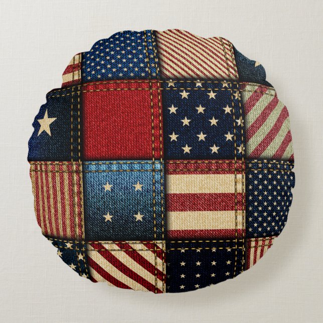 American Flag, Patchwork Seamless Pattern. Round Cushion (Front)
