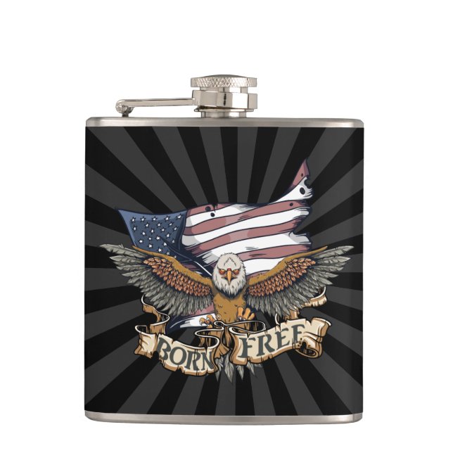 American Flag Patriotic Bald Eagle Born Free Hip Flask (Front)