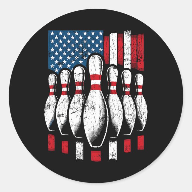 American Flag Patriotic Bowling  Classic Round Sticker (Front)