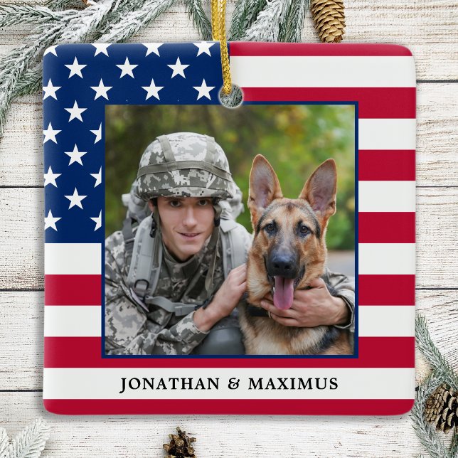American Flag Patriotic Christmas Custom Photo Ceramic Ornament (Creator Uploaded)