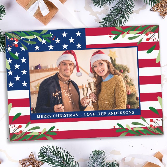 American Flag Patriotic Christmas Custom Photo Holiday Card (Creator Uploaded)