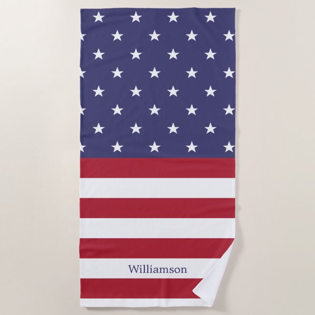 American Flag Patriotic Custom Name Pattern Beach Towel (Front)