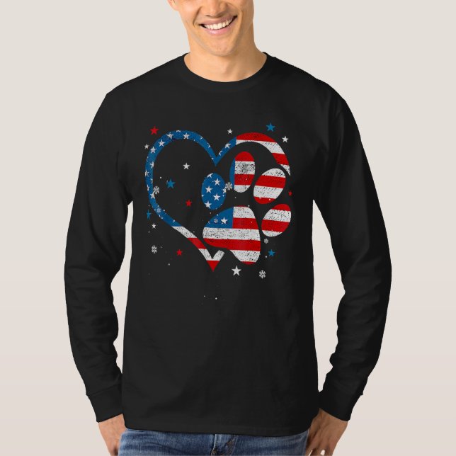 American Flag Patriotic Dog & Cat Paw Print 4th Of T-Shirt (Front)
