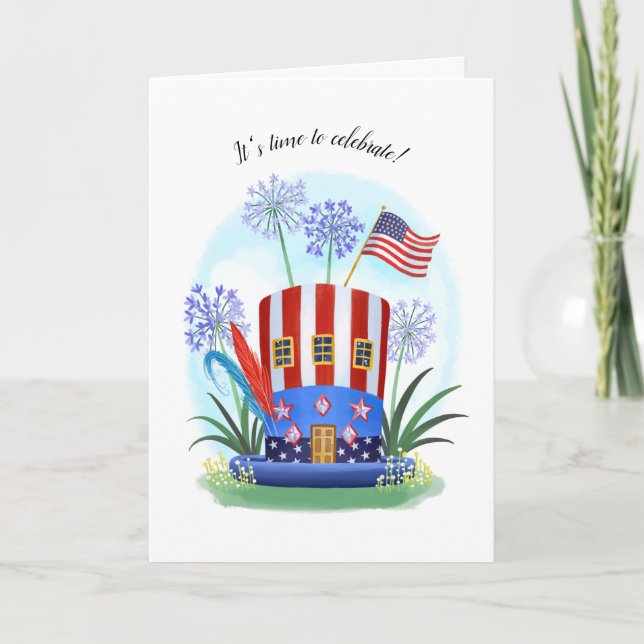 American Flag Patriotic Hat Celebration Card (Front)