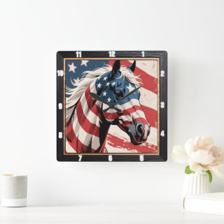 American Flag Patriotic Horse Square Wall Clock