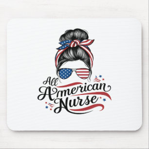 American Flag Patriotic Nurse Messy Bun 4th Of Jul Mouse Pad
