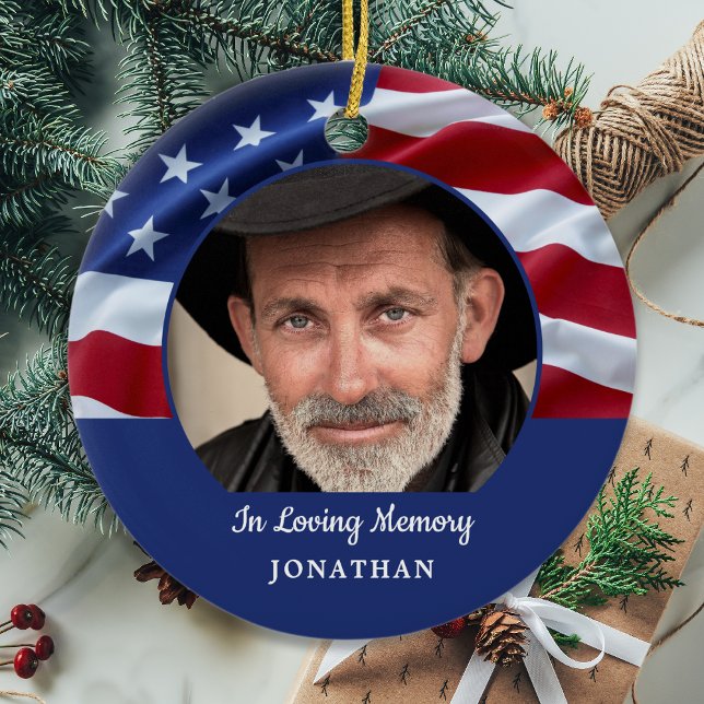 American Flag Patriotic Photo Memorial Ceramic Tree Decoration (Creator Uploaded)