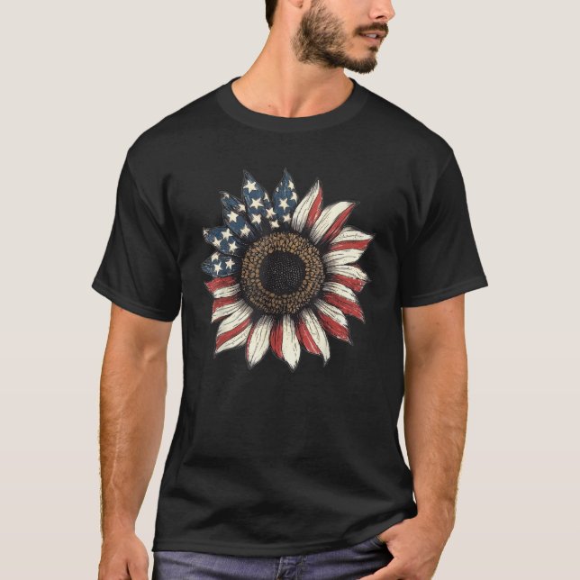 American Flag Patriotic Sunflower 4th Of July Amer T-Shirt (Front)