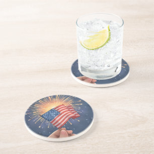 American Flag Patriotic Watercolor Painting  Coaster