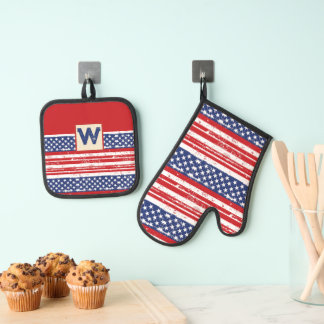 American Flag Pattern Personalised 2 Oven Mitt & Pot Holder Set