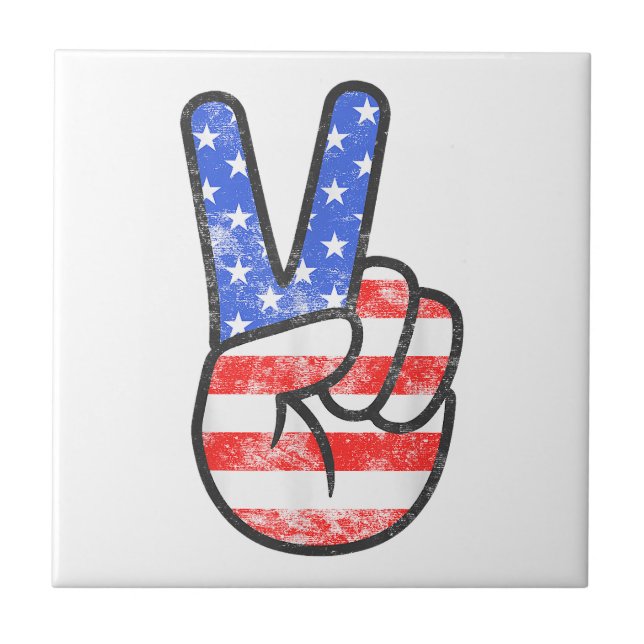 American Flag Peace Sign Hand T-Shirt Fourth of Ju Tile (Front)