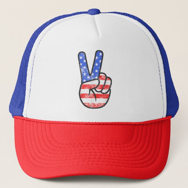 American Flag Peace Sign Hand T-Shirt Fourth of Ju Trucker Hat (Front)