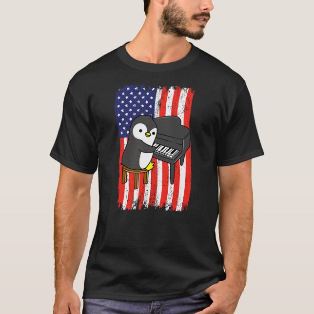 American Flag Penguin Playing Piano T-Shirt (Front)
