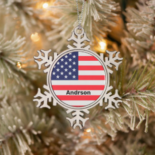 American Flag Personalized Patriotic Stars Stripes Snowflake Pewter Christmas Ornament