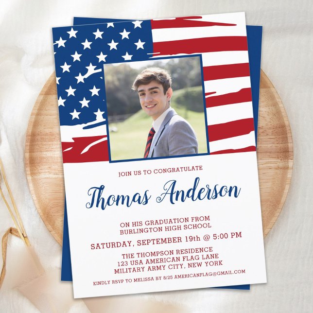 American Flag Photo Military Patriotic Graduation Invitation (Creator Uploaded)