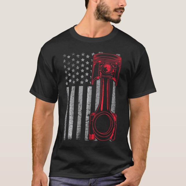 American Flag Piston Funny Muscle Car Mechanic T-Shirt (Front)