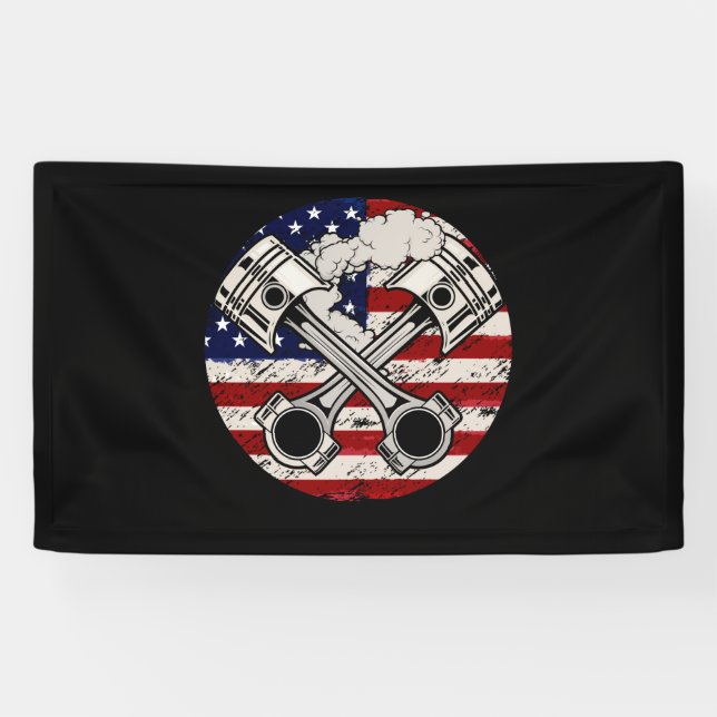 American Flag Piston Muscle Car Patriotic Vintage Banner (Horizontal)