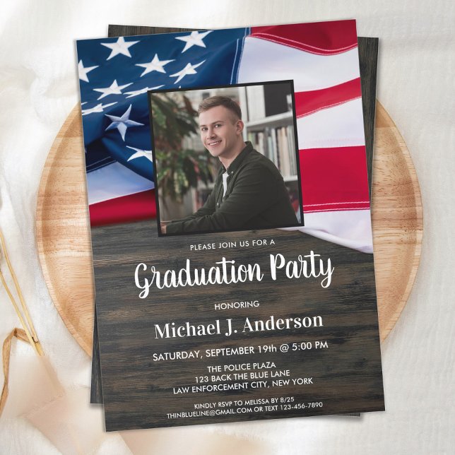 American Flag Police Officer Photo Graduation Invi Invitation (Creator Uploaded)