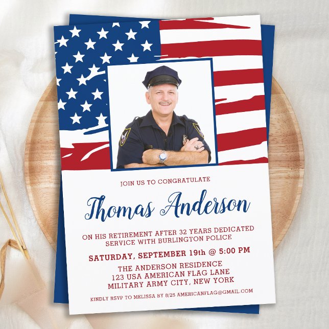 American Flag Police Retirement Party Custom Photo Invitation (Creator Uploaded)